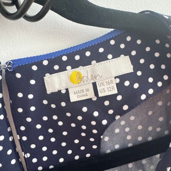 Boden Camille Polka Dot Midi Dress Navy Blue Tie Waist Slit Back Zip Sz 12 - Picture 9 of 14